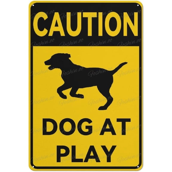Retro Aluminum Sign Caution Dog At Play Wall Art Decor Public Vintage Retro Aluminum Metal Sign Plaque 8X12 Inch