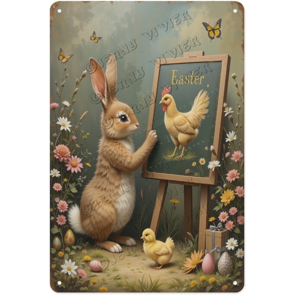 Retro Aluminum Sign with Bunny Drawing, 12 x 16 Inches, Gift For Living Room, Bathroom, or Bedroom to Add a LightheDecorative Signed Spring Touch