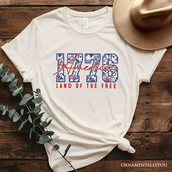 Retro America 1776 Floral T-Shirt, Land of the Free Patriotic Tee