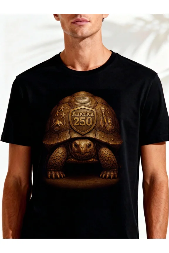 Retro America 250 Patriotic Tortoise Graphic T-Shirt - Vintage Bronze Style USA 250th Anniversary Men's Short Sleeve Tee - Classic United States Liberty Turtle Top