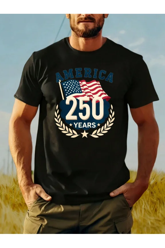 Retro America 250 Years Patriotic Men's T-Shirt - Vintage USA Flag 250th Anniversary Graphic Tee - Classic Fourth of July Independence Day Apparel - Comfortable Black Cotton Blend Top