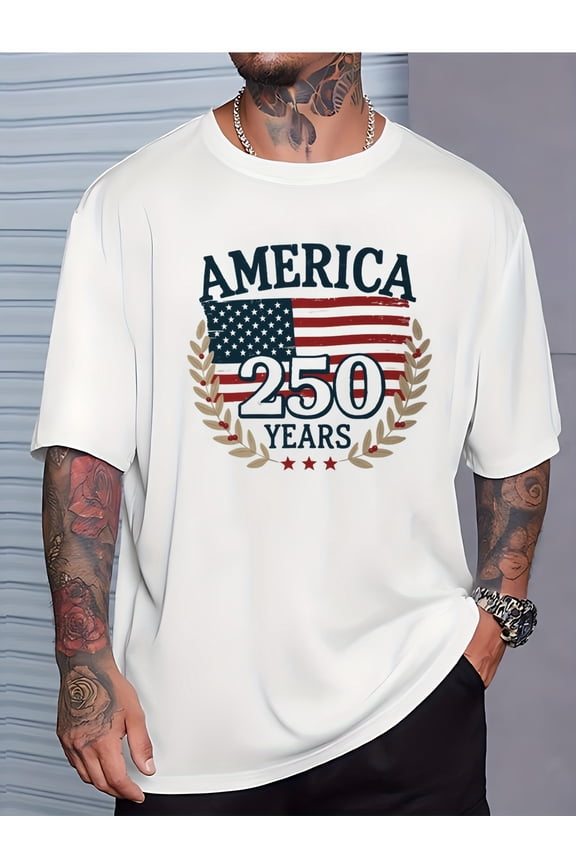 Retro America 250 Years Patriotic Men's T-Shirt Vintage USA Flag Graphic Tee Semiquincentennial Celebration Top