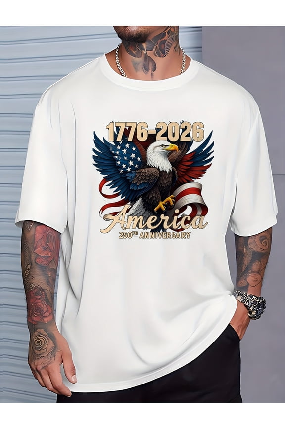 Retro America 250th Anniversary 1776-2026 Patriotic Bald Eagle Men's White Graphic T-Shirt Vintage USA Flag Independence Day Tee