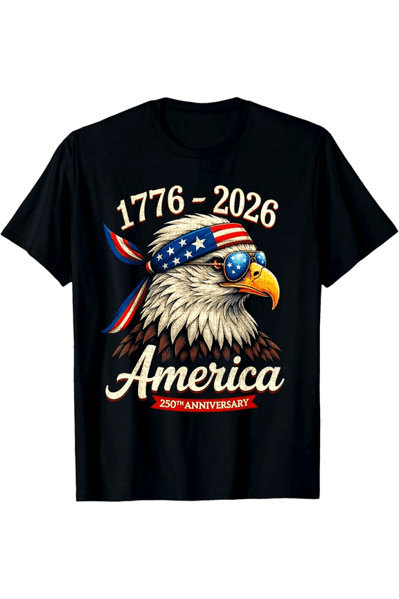Retro America 250th Anniversary 1776-2026 Patriotic Bald Eagle T-Shirt - Vintage USA Stars and Stripes Sunglasses Graphic Tee for Men and Women - Semiquincentennial Celebration Apparel