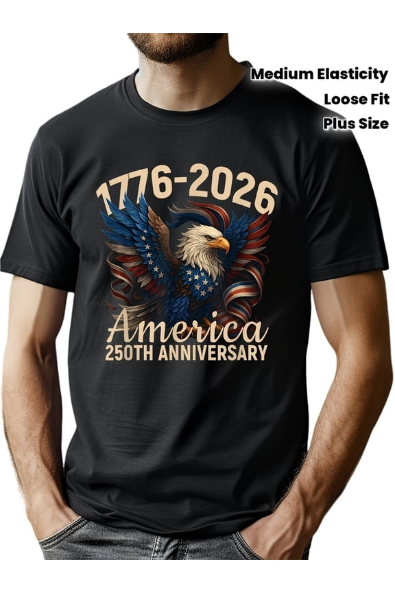 Retro America 250th Anniversary T-Shirt 1776-2026 Patriotic Bald Eagle Graphic Tee Men's Plus Size Loose Fit Short Sleeve Cotton Top