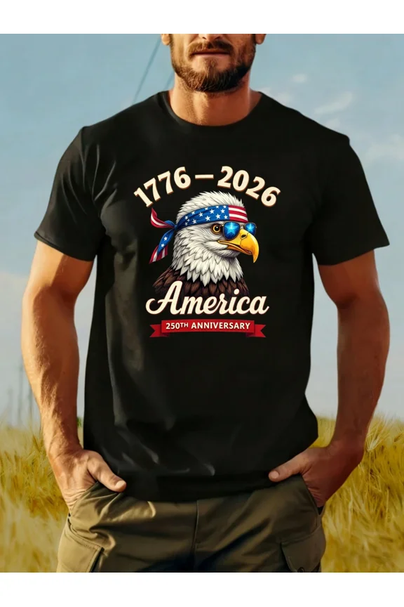 Retro America 250th Anniversary T-Shirt 1776-2026 Patriotic Bald Eagle Graphic Tee Vintage USA Pride Men's Short Sleeve Top