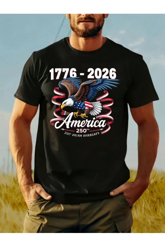 Retro America 250th Anniversary T-Shirt 1776-2026 Patriotic Bald Eagle Graphic Tee Vintage USA Pride Men's Short Sleeve Top