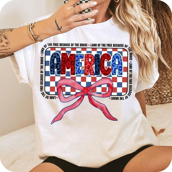 Retro America Checkered Shirt, Land of the Free Shirt, America Coquette Tee, 4th of July Shirt, Memorial Day Shirt, Girly USA Tee, Independence Day Shirt