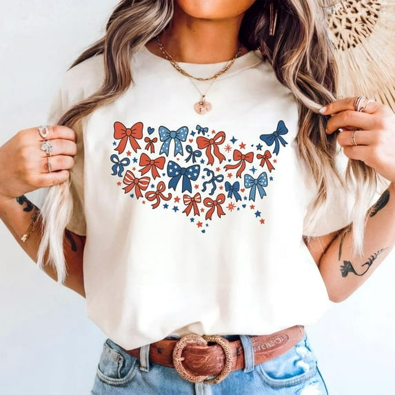 Retro America Coquette 4th of July Shirt, Retro Y2K Bow Tee, Cute Patriotic Aesthetic USA Top, Soft Girl Independence Day Outfit, Vintage American Flag Shirt