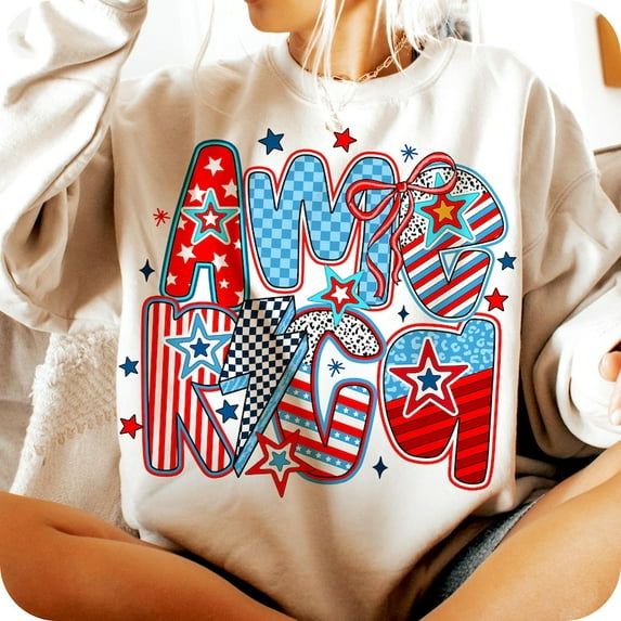 Retro America Coquette Sweatshirt, Checkered 4th of July Crewneck, Patriotic Memorial Day Pullover for Women