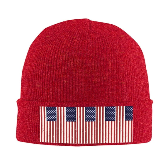 Retro America Flag Winter Beanie Hats for Men Women Warm Cozy Knitted Cuffed Skull Cap Red