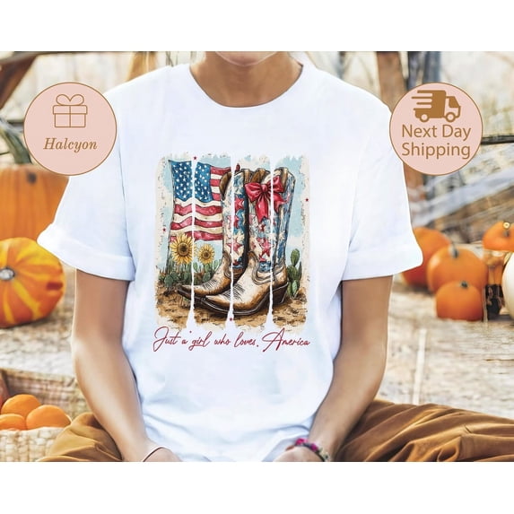 Retro America Shirt, Just A Girl Who Loves America Tee, America Western Shirt, 4Th Of July Tee, Coquette Cowgirl Usa Shirt
