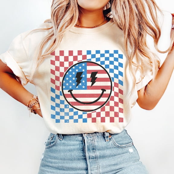 Retro America Smiley Face Shirt, Red White And Blue Checkered T-Shirt, Usa Smiley July 4 Tee, Retro American Patriotic Gift Unisex S-5XL Hot Trending Shirt, Vintage Birthday Gift
