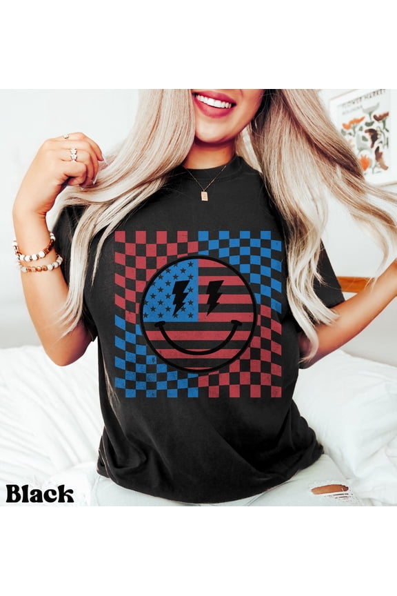 Retro America Smiley Face Shirt, Red White Blue Checkered Tee, USA Patriotic T-Shirt, 4th of July Gift, Vintage American Pride Shirt
