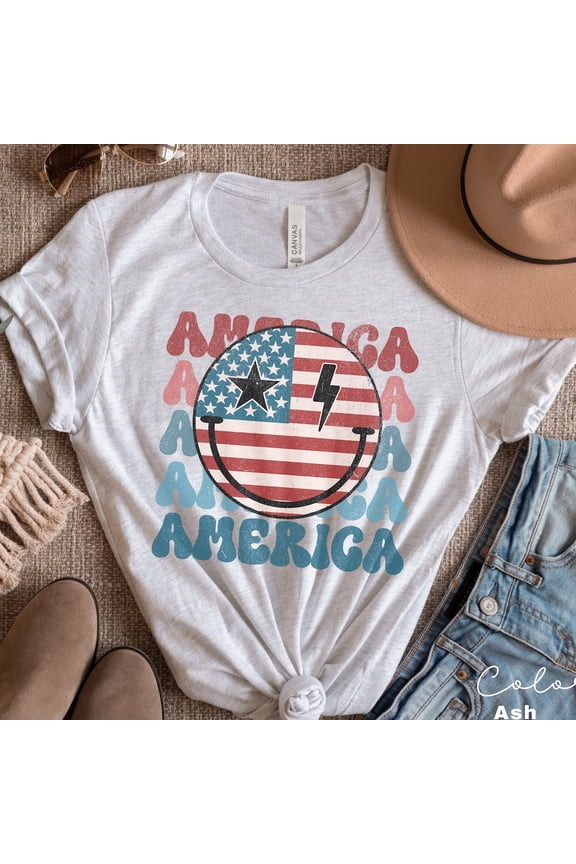 Retro America Smiley Face Shirt, Red White And Blue T-Shirt, Usa Smiley July 4 Tee, Retro American Patriotic Gift WHITE Unisex S-5XL Hot Trending Shirt, Vintage Birthday Gift