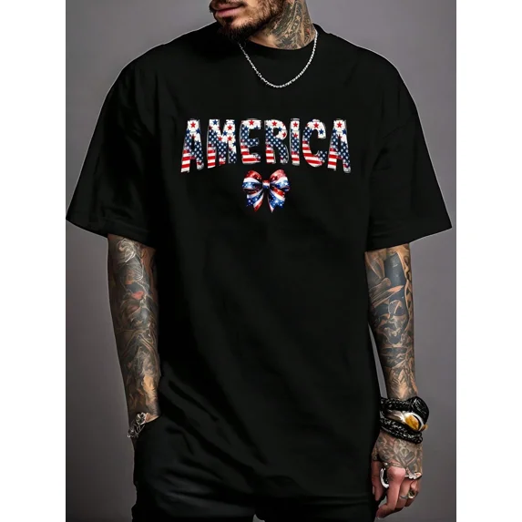 Retro America USA Flag Graphic Men's Black T-Shirt Patriotic 4th of July Stars and Stripes Bow Design Short Sleeve Tee
