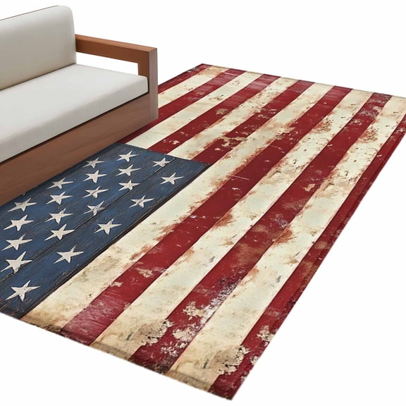 Retro American Area&nbsp;Rug 2.7x5ft Flag Patriotic Striped Stars Mottled Texture Non-Slip&nbsp;Washable Square&nbsp;Rugs Soft Felt Indoor Floor Mat for Bedroom Kitchen Living Room Bathroom