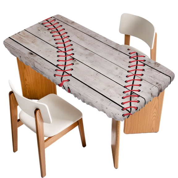 Retro American Baseball Fitted Rectangle Tablecloth 24" x 36" Sport Vintage Wood Grain Elastic Table Cloth Fits for 3 Foot Folding Tables Waterproof Table Cover for Picnic Camping Outdoor