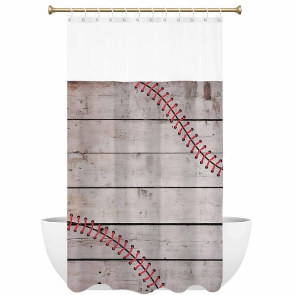 Retro American Baseball Shower Curtain with See Through Top Window Sport Vintage Wood Grain Waterproof Fabric Shower Curtains for Bathroom with 12 Hooks Hotel & Spa Decor 36x72 inches