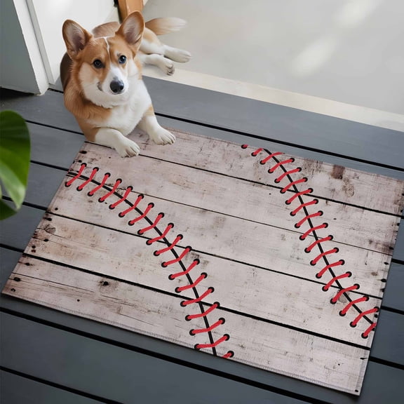 Retro American Baseball Washable Area Rug 2x3 Sport Vintage Wood Grain Low-Profile Area Rugs with Non Slip Backing Indoor Floor Carpet for Entrance Living Room Bedroom Home Office