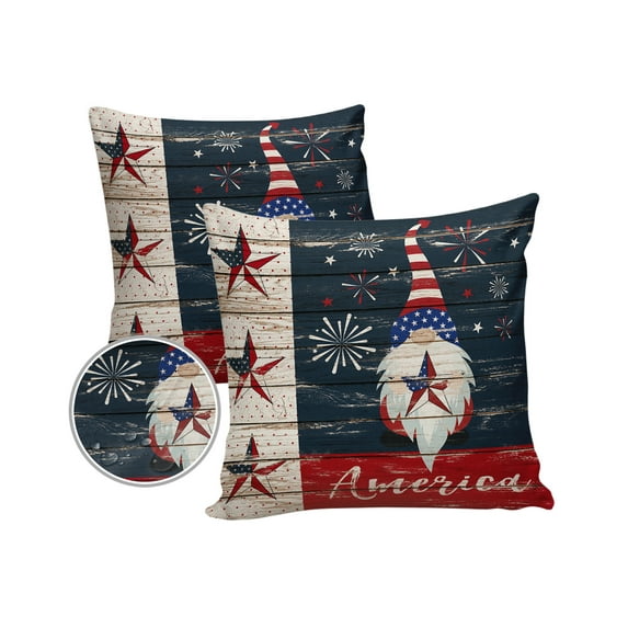 Retro American Flag Celebrates Gnomes Outdoor Pillow Covers Set of 2, Decorative Waterproof Throw Pillow Case, Wooden Texture Cotton Linen Soft Cozy Cushion Pillowcases
