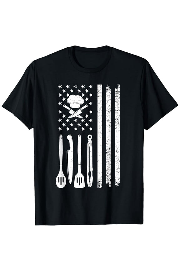 Retro American Flag Chef T-Shirt Patriotic Cooking BBQ Grilling Graphic Tee Men Women Culinary Arts Kitchen Apparel Distressed USA Flag Design