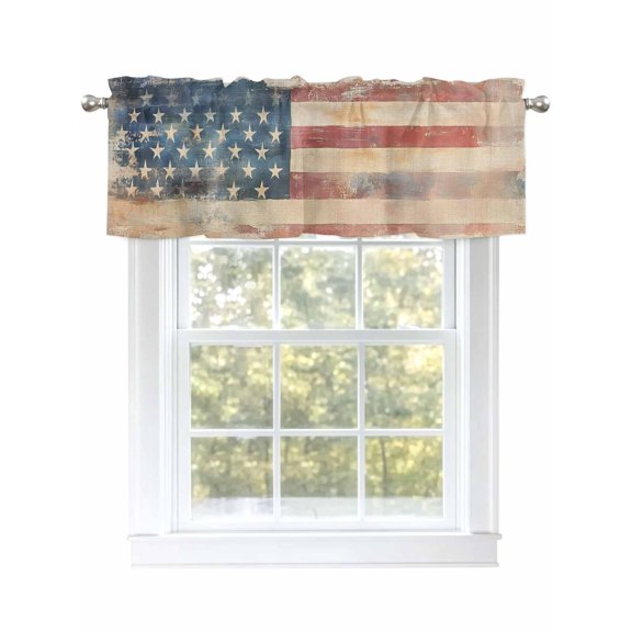 Retro American Flag Curtain Valances for Windows, Rustic Star and Stripes US Flag Kitchen Valance Window Treatment, Light Filtering Block Curtains for Bathroom/Bedroom/Living Room 42'' x 12''