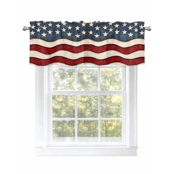 Retro American Flag Curtain Valances for Windows, White Star Red Blue US Flag Kitchen Valance Window Treatment, Light Filtering Block Curtains for Bathroom/Bedroom/Living Room 42'' x 12''