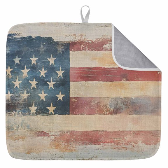 Retro American Flag Dish Drying Mat for Kitchen Counter,Rustic Star and Stripes US Flag Dish Mat Drying Kitchen Mat for Sink Fridge Drawer Dishes Drainer Mats Microfiber Drying Pad 1pcs 16"x18"