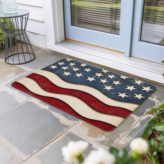 Retro American Flag Door Mat Indoor Outdoor, White Star Red Blue US Flag Non Slip Welcome Mat with Rubber Backing, Absorbent Fabric Front Door Mats Entryway Rug for Home Patio Entrance 24"x36"