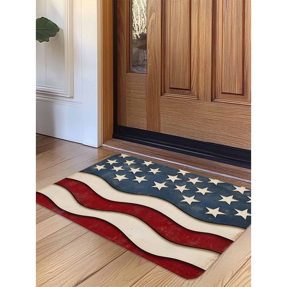 Retro American Flag Door Mat Indoor Outdoor Entrance, Non Slip Small Rug for Kitchen Bathroom Entryway Rug, White Star Red Blue US Flag Washable Doormat Floor Mat 16x24 Inch