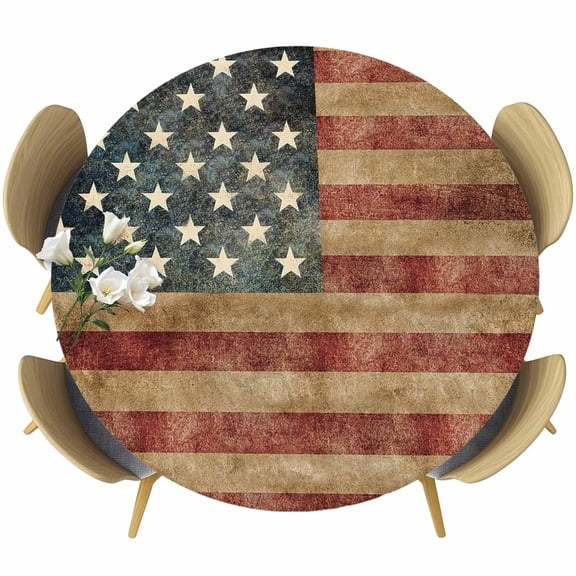 Retro American Flag Fitted Tablecloth with Elastic Edged, Round Table Cloth for Dining Table, Vintage US Flag Red Striped Waterproof Oil Proof Table Cover for Indoor Outdoor 55"-60"
