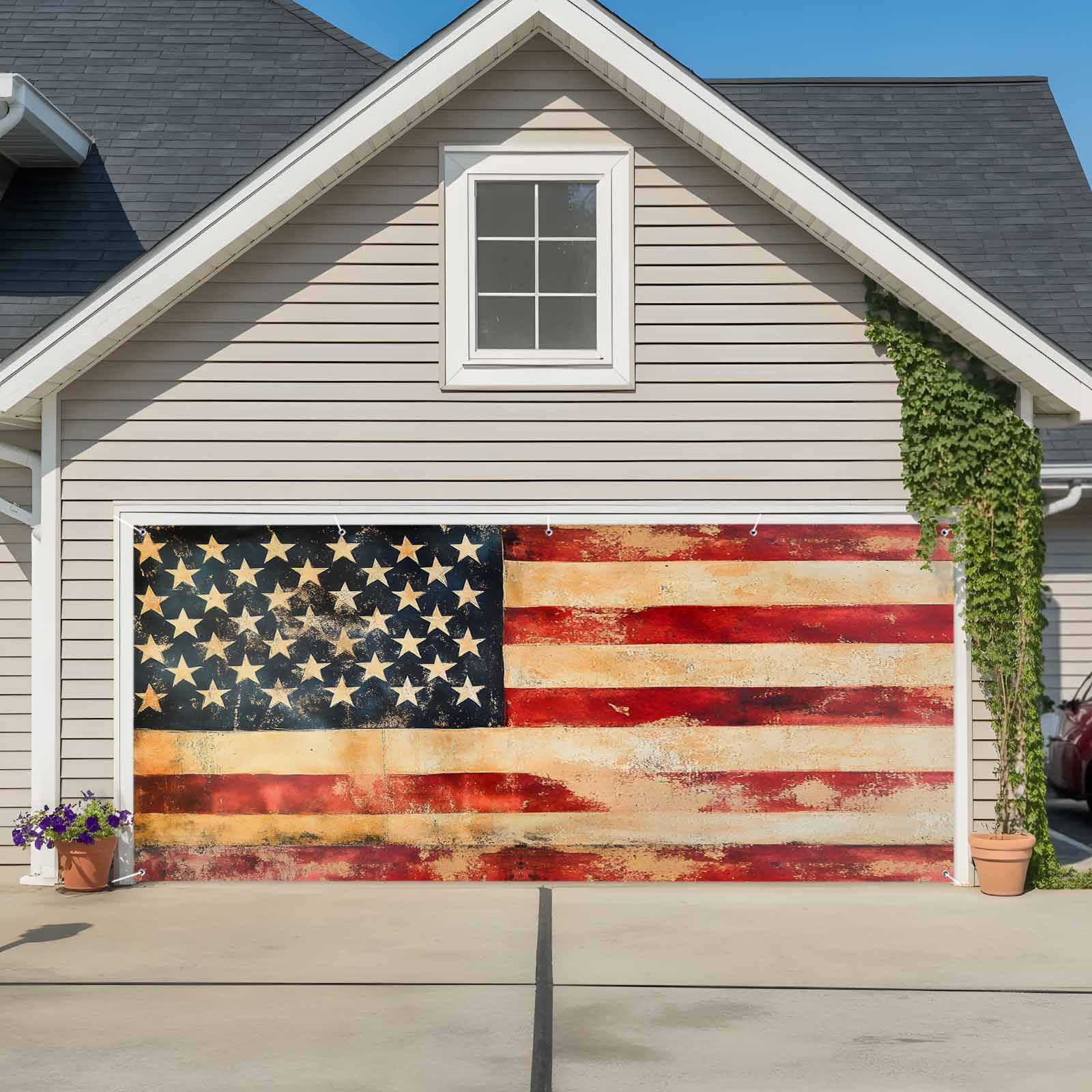 Retro American Flag Garage Door Cover Banner 7 x 8 FT, Vintage Red Strip Star US Flag Garage Door Curtains Backdrop with Grommets for Indoor Outdoor Wall Party Porch Yard Decorations Background