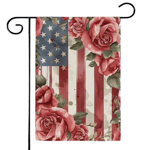 Retro American Flag Garden Flag, Floral Double-Sided Patriotic Outdoor Decoration, 18x12 Inch Seasonal Yard Flag