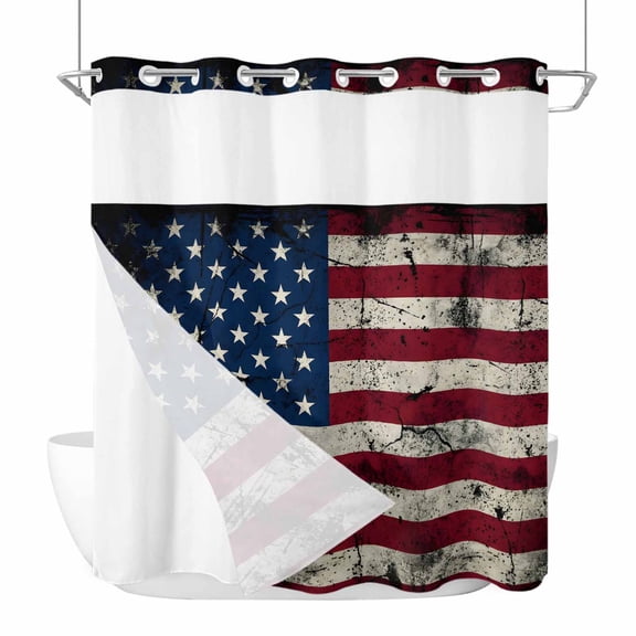 Retro American Flag No Hook Shower Curtain with Snap in Liner, Waterproof Fabric Shower Curtains, Blue Red USA Flag Vintage Shower Curtain Set Top See Through for Bathroom 72"x78"