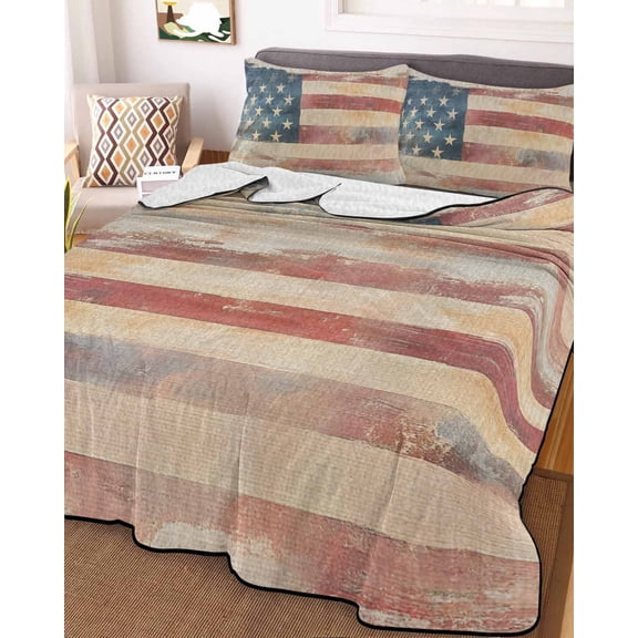 Retro American Flag King Size Down Alternative Comforter, Lightweight Comforter Quilt Bedding Set with Pillow Shams Rustic Star and Stripes US Flag All Seasons Bed Comforter Duvet Insert 96"x106"