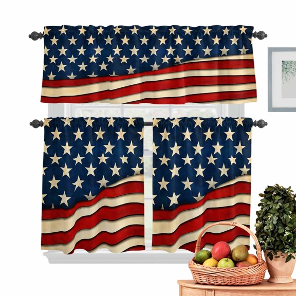 Retro American Flag Kitchen Curtains Valances 3 Piece Set, USA Patriot Red Strip Rod Pocket Tier Curtain and Valance Drapes for Small Window 36 Inch Length for Bedroom Cafe