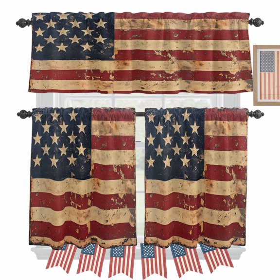 Retro American Flag Kitchen Curtains Valances 3 Piece Set, USA Patriot Rod Pocket Tier Curtain and Valance Drapes for Small Window 24 Inch Length for Bedroom Cafe