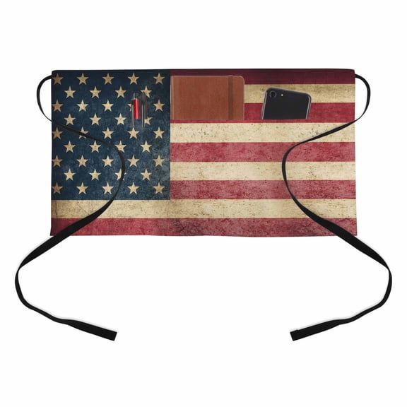 Retro American Flag Kitchen Restaurant Half Waist Apron, Independence Day Red Stripes Blue Stars Server Short Apron with 3 Pockets Waterproof Oil Waist Aprons for Women Waitress Waiter