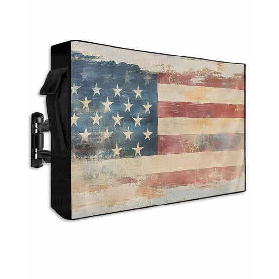 Retro American Flag Outdoor TV Cover 52 to 55 Inch Weatherproof, Rustic Star and Stripes US Flag 600D Oxford TV Covers with Waterproof Zipper, Outside Flat TV Screen Protector Size 52"Wx19"Hx4.5"D