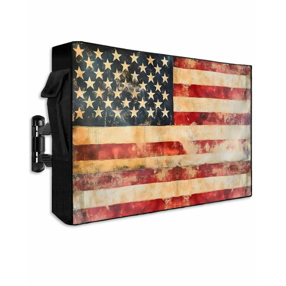 Retro American Flag Outdoor TV Cover 60 to 65 Inch Weatherproof, Vintage Red Strip Star US Flag 600D Oxford TV Covers with Waterproof Zipper, Outside Flat TV Screen Protector Size 58"W x 37"H x 4.5"D