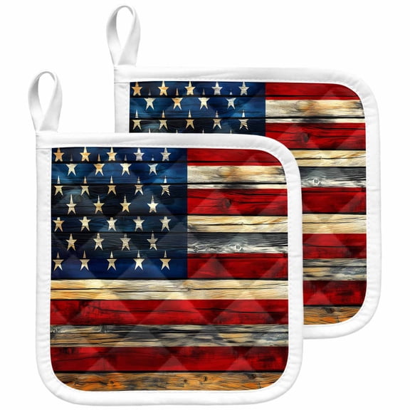 Retro American Flag Pot Holders for Kitchen Heatproof Potholder, 2 Pack Blue Red USA Flag Vintage Wood Hot Pads Multipurpose Oven Pads Cloth Potholders Trivet for Cooking and Baking