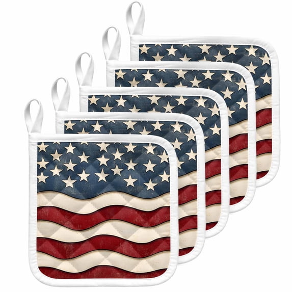 Retro American Flag Pot Holders for Kitchen Heatproof Potholder, 5 Pack White Star Red Blue US Flag Hot Pads Multipurpose Oven Pads Cloth Potholders Trivet for Cooking Baking