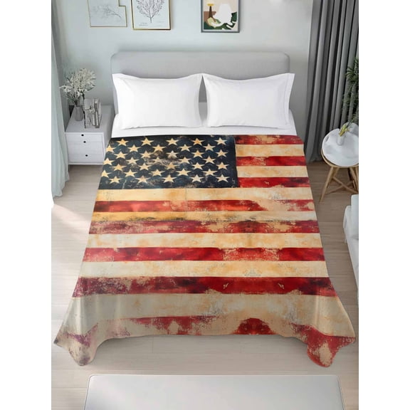 Retro American Flag Queen Size Flat Sheet, Wrinkleproof & Fadeproof Cooling Flat Bed Sheet Only, Vintage Red Strip Star US Flag Breathable Soft Bedding Top Sheets 90 x 102 Inches