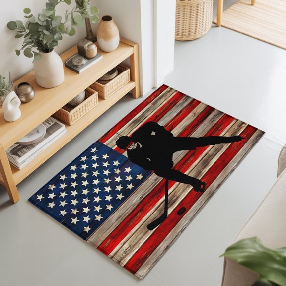 Retro American Flag on Red Brown Stripes Rectangle Area Rug 2x3ft,Living Room Rug Non-Slip Washable Circle Rugs Pad,Hockey Sport Player Soft Floor Carpet for Bedroom Dining Room