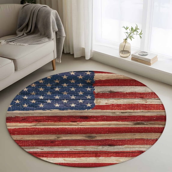 Retro American Flag Round Area Rug 3.3 FT, Non Slip Small Entryway Kitchen Mat, Vintage USA Flag Red Blue Wooden Washable Soft Circular Rug Non-Shedding Door Mat for Bathroom Playroom Kids Room