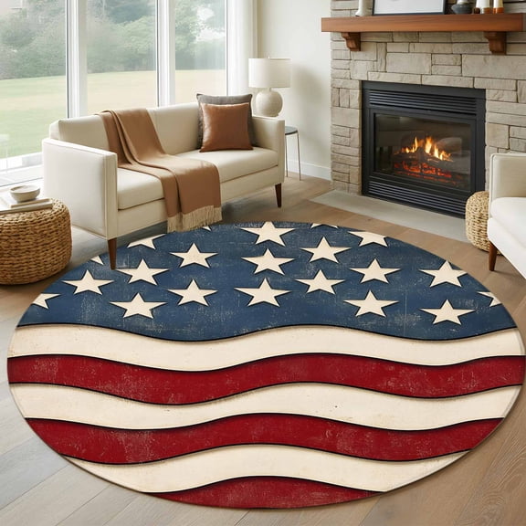 Retro American Flag Round Area Rug 7 FT, Non Slip Living Room Area Carpet, White Star Red Blue US Flag Washable Soft Circular Rug Non-Shedding Floor Carpet for Bedside Office Play Room Classroom