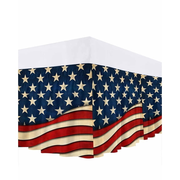 Retro American Flag Ruffle Bed Skirt California King Size USA Patriot Red Strip Adjustable Elastic Dust Bed Skirts Wrap Around Bedskirt Wrinkle Free Easy Fit with 18 Inch Drop
