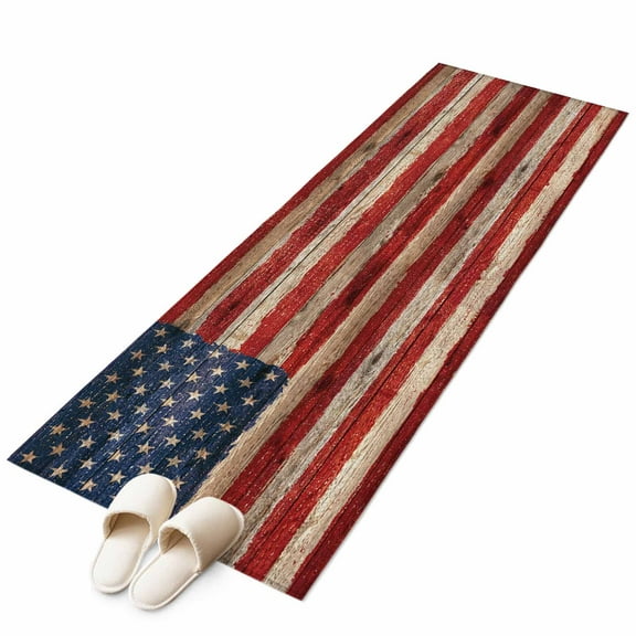 Retro American Flag Runner Rug 2x6 FT, Non Slip Hallway Carpet, Vintage USA Flag Red Blue Wooden Washable Soft Floor Carpet Throw Runner Carpet Long Rug for Entryway Kitchen Bedside Sliding Door
