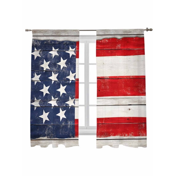 Retro American Flag Sheer Curtains 2 Panels Set Independence Day Star Line Wood Grain Lihgt Filtering Rod Pocket Voile Drape, Semi Sheer Window Curtains for Bedroom Living Room, 52"x72"